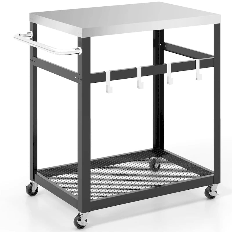Gymax 2-tier Stainless Steel Grill Cart w/ Wheels & Handle 4 Hooks