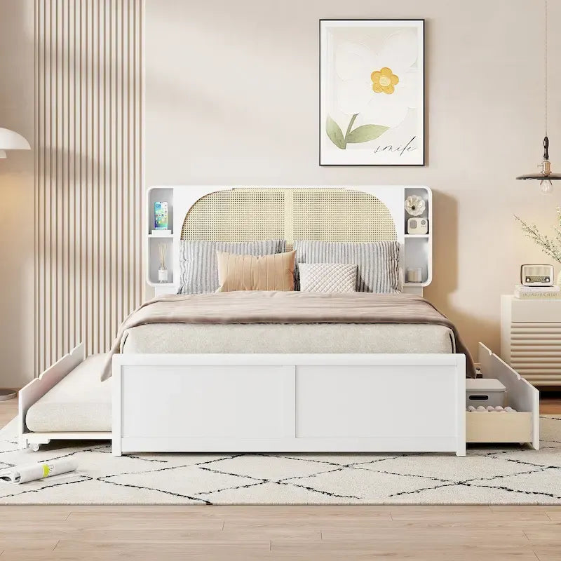 Queen Size Platform Bed Frame with Rattan Headboard & 2 Drawers and Pull Out Trundle, Wood Bed Frame with Shelves
