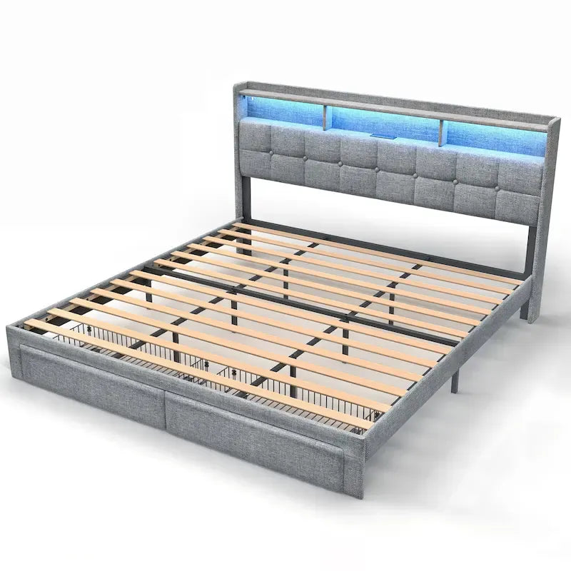 King Size Platform Bed with Fast Charging Station & Storage Headboard , RGB Lighting, 20W USB Ports