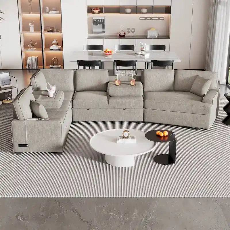 126 L-Shaped 6-Seat Sectional Sofa with Pull-Out Bed, USB Charging Ports, and Drop-Down Cup Holder Tables