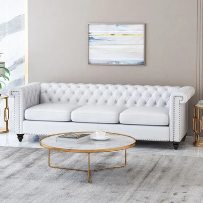 White 83 Chesterfield Button Tufted 3-Seater Sofa with Nailheads and Legs