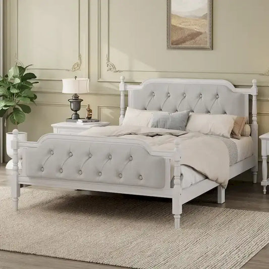 Traditional Style Upholstered Tufted Headboard Wooden Bed Frame