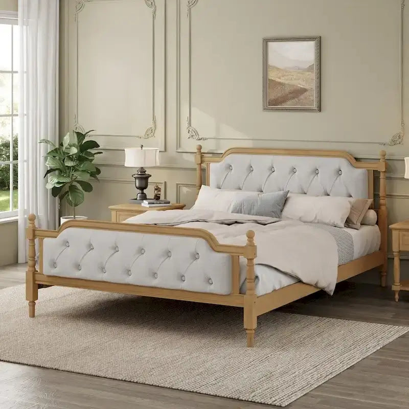 Traditional Style Upholstered Tufted Headboard Wooden Bed Frame
