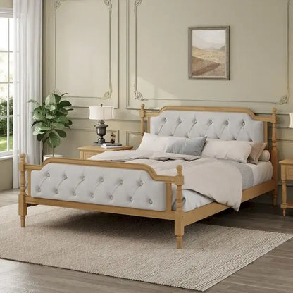 Traditional Style Upholstered Tufted Headboard Wooden Bed Frame