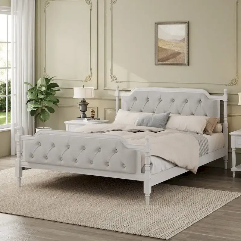 Traditional Style Upholstered Tufted Headboard Wooden Bed Frame
