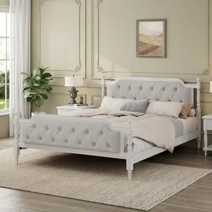 Traditional Style Upholstered Tufted Headboard Wooden Bed Frame