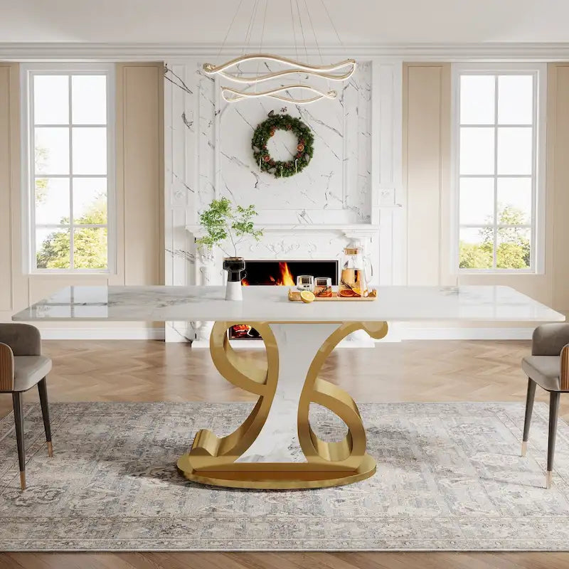 Luxury Rectangular Sintered Stone Dining Table with Stainless Steel Base for 8-10
