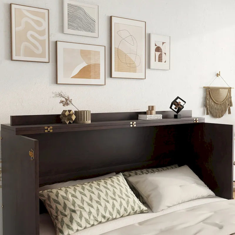 Folding Murphy Bed Pine Wood Cabinet Bed Queen Size Cube Cabinet Bed with Power Station, Drawer and Rattan Decoration Panel