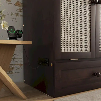 Folding Murphy Bed Pine Wood Cabinet Bed Queen Size Cube Cabinet Bed with Power Station, Drawer and Rattan Decoration Panel