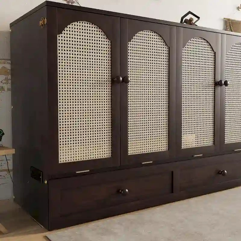 Folding Murphy Bed Pine Wood Cabinet Bed Queen Size Cube Cabinet Bed with Power Station, Drawer and Rattan Decoration Panel