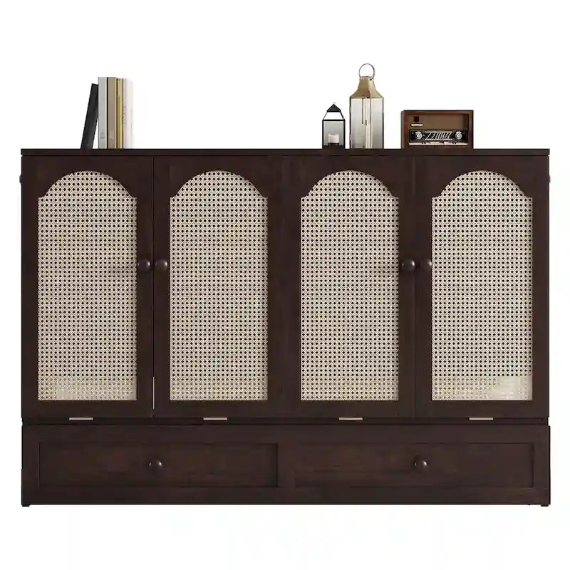 Folding Murphy Bed Pine Wood Cabinet Bed Queen Size Cube Cabinet Bed with Power Station, Drawer and Rattan Decoration Panel