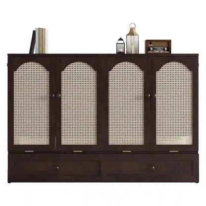 Folding Murphy Bed Pine Wood Cabinet Bed Queen Size Cube Cabinet Bed with Power Station, Drawer and Rattan Decoration Panel
