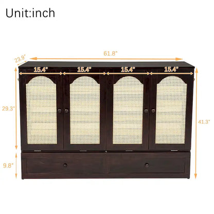 Folding Murphy Bed Pine Wood Cabinet Bed Queen Size Cube Cabinet Bed with Power Station, Drawer and Rattan Decoration Panel