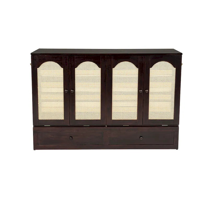 Folding Murphy Bed Pine Wood Cabinet Bed Queen Size Cube Cabinet Bed with Power Station, Drawer and Rattan Decoration Panel