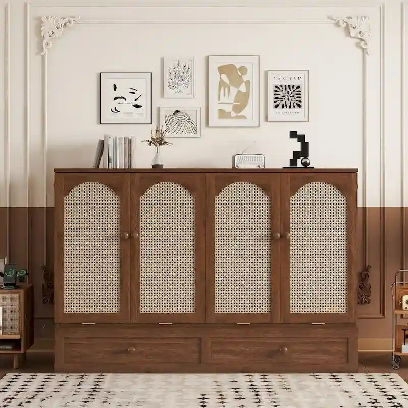 Folding Murphy Bed Pine Wood Cabinet Bed Queen Size Cube Cabinet Bed with Power Station, Drawer and Rattan Decoration Panel
