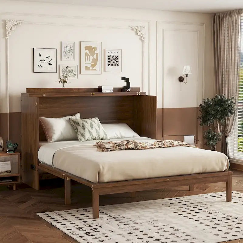 Folding Murphy Bed Pine Wood Cabinet Bed Queen Size Cube Cabinet Bed with Power Station, Drawer and Rattan Decoration Panel