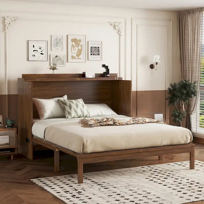Folding Murphy Bed Pine Wood Cabinet Bed Queen Size Cube Cabinet Bed with Power Station, Drawer and Rattan Decoration Panel