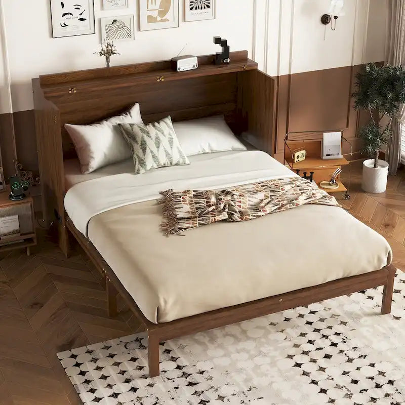 Folding Murphy Bed Pine Wood Cabinet Bed Queen Size Cube Cabinet Bed with Power Station, Drawer and Rattan Decoration Panel