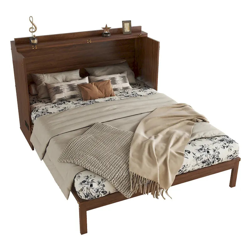 Folding Murphy Bed Pine Wood Cabinet Bed Queen Size Cube Cabinet Bed with Power Station, Drawer and Rattan Decoration Panel