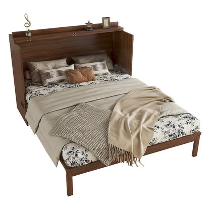 Folding Murphy Bed Pine Wood Cabinet Bed Queen Size Cube Cabinet Bed with Power Station, Drawer and Rattan Decoration Panel