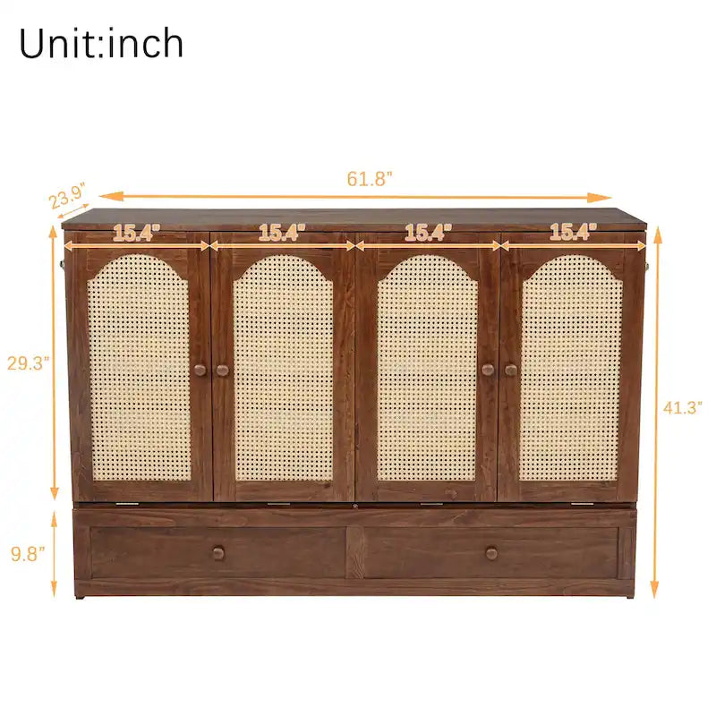 Folding Murphy Bed Pine Wood Cabinet Bed Queen Size Cube Cabinet Bed with Power Station, Drawer and Rattan Decoration Panel