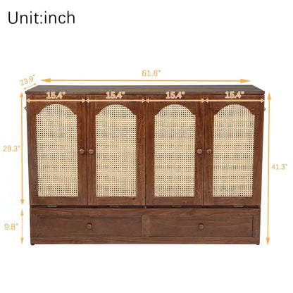 Folding Murphy Bed Pine Wood Cabinet Bed Queen Size Cube Cabinet Bed with Power Station, Drawer and Rattan Decoration Panel