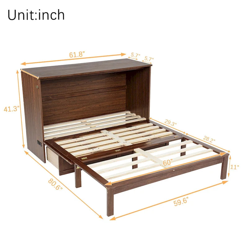 Folding Murphy Bed Pine Wood Cabinet Bed Queen Size Cube Cabinet Bed with Power Station, Drawer and Rattan Decoration Panel