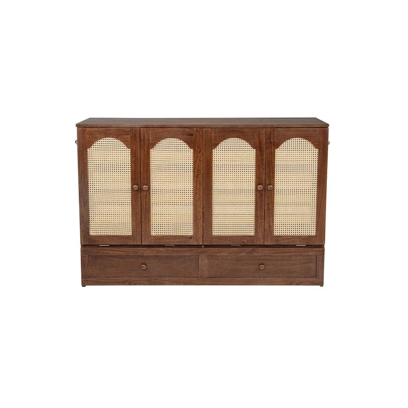 Folding Murphy Bed Pine Wood Cabinet Bed Queen Size Cube Cabinet Bed with Power Station, Drawer and Rattan Decoration Panel