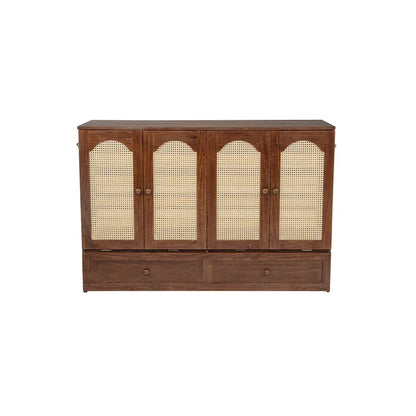Folding Murphy Bed Pine Wood Cabinet Bed Queen Size Cube Cabinet Bed with Power Station, Drawer and Rattan Decoration Panel