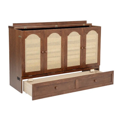 Folding Murphy Bed Pine Wood Cabinet Bed Queen Size Cube Cabinet Bed with Power Station, Drawer and Rattan Decoration Panel