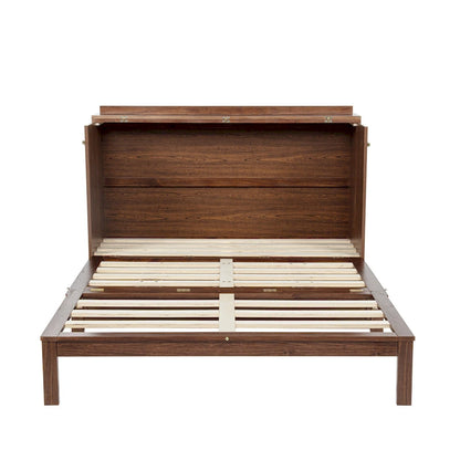 Folding Murphy Bed Pine Wood Cabinet Bed Queen Size Cube Cabinet Bed with Power Station, Drawer and Rattan Decoration Panel