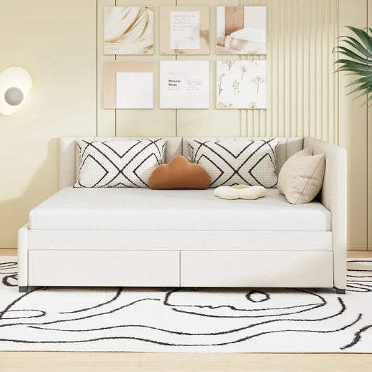 Full Size Upholstered Daybed with 2 Storage Drawers Sofa Bed Frame No Box Spring Needed, Linen Fabric, Beige
