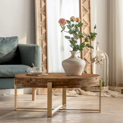 Modern Retro Splicing Round Coffee Table Simple Coffee Table with Fir Wood Tabletop Gold Cross Leg, for Living Room