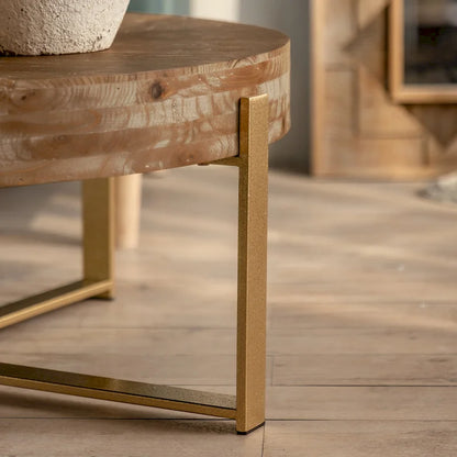 Modern Retro Splicing Round Coffee Table Simple Coffee Table with Fir Wood Tabletop Gold Cross Leg, for Living Room