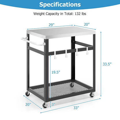 Gymax 2-tier Stainless Steel Grill Cart w/ Wheels & Handle 4 Hooks