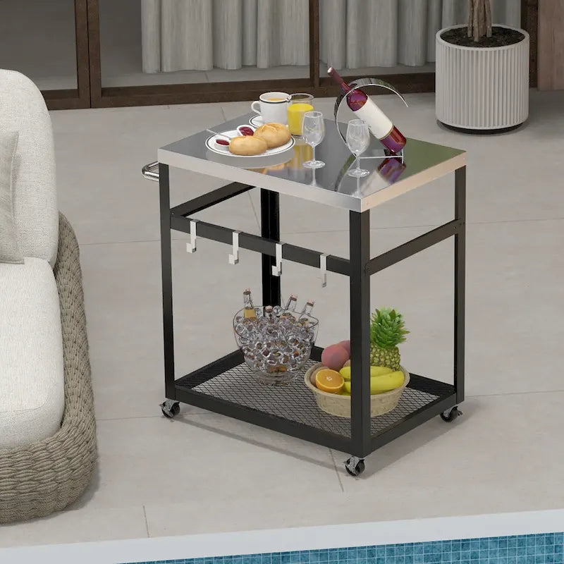 Gymax 2-tier Stainless Steel Grill Cart w/ Wheels & Handle 4 Hooks