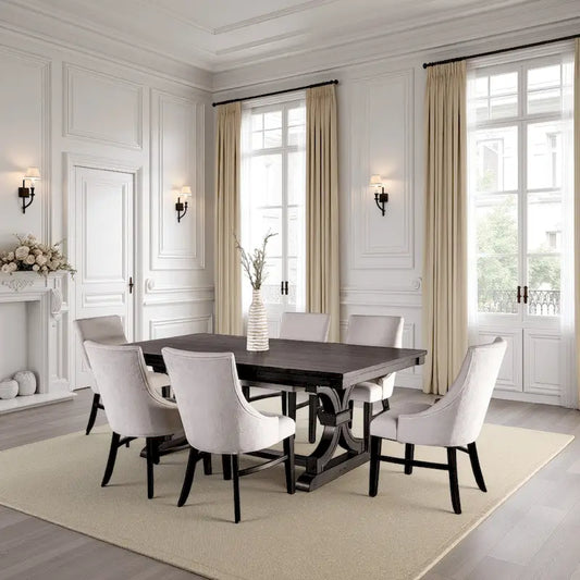 Luke 7pc Dining Table Set with 6 Wingback Chairs, Rectangular, Black, Beige
