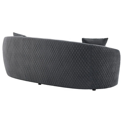 Buo Curved Sofa, 92 Inch, Dark Gray Polyester, Gold Trim, 3 Pillows