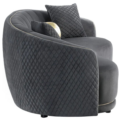 Buo Curved Sofa, 92 Inch, Dark Gray Polyester, Gold Trim, 3 Pillows