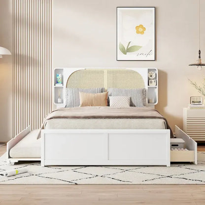 Queen Size Platform Bed Frame with Rattan Headboard & 2 Drawers and Pull Out Trundle, Wood Bed Frame with Shelves