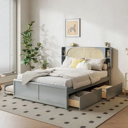 Queen Size Platform Bed Frame with Rattan Headboard & 2 Drawers and Pull Out Trundle, Wood Bed Frame with Shelves