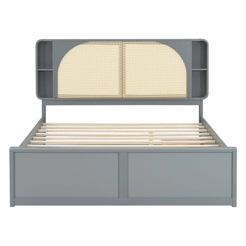 Queen Size Platform Bed Frame with Rattan Headboard & 2 Drawers and Pull Out Trundle, Wood Bed Frame with Shelves