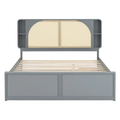 Queen Size Platform Bed Frame with Rattan Headboard & 2 Drawers and Pull Out Trundle, Wood Bed Frame with Shelves