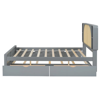 Queen Size Platform Bed Frame with Rattan Headboard & 2 Drawers and Pull Out Trundle, Wood Bed Frame with Shelves