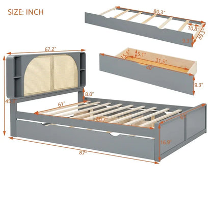 Queen Size Platform Bed Frame with Rattan Headboard & 2 Drawers and Pull Out Trundle, Wood Bed Frame with Shelves