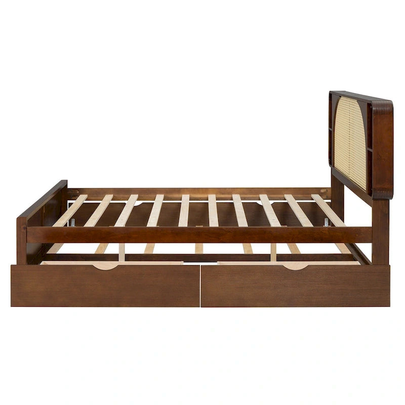 Queen Size Platform Bed Frame with Rattan Headboard & 2 Drawers and Pull Out Trundle, Wood Bed Frame with Shelves
