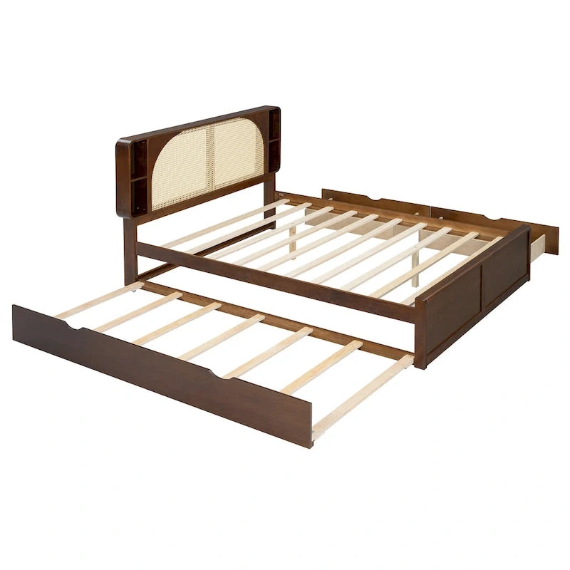 Queen Size Platform Bed Frame with Rattan Headboard & 2 Drawers and Pull Out Trundle, Wood Bed Frame with Shelves