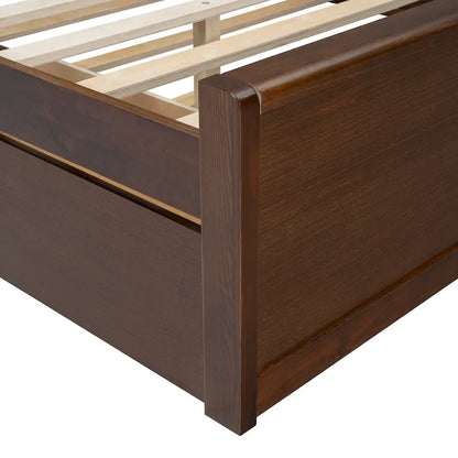 Queen Size Platform Bed Frame with Rattan Headboard & 2 Drawers and Pull Out Trundle, Wood Bed Frame with Shelves