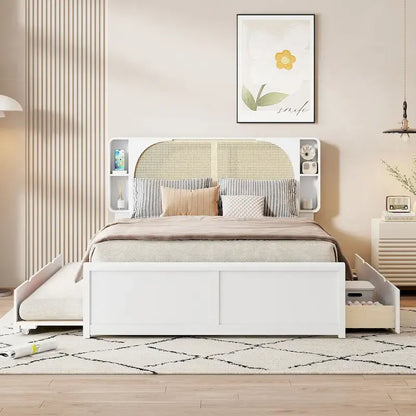 Queen Size Platform Bed Frame with Rattan Headboard & 2 Drawers and Pull Out Trundle, Wood Bed Frame with Shelves