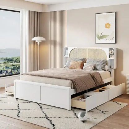 Queen Size Platform Bed Frame with Rattan Headboard & 2 Drawers and Pull Out Trundle, Wood Bed Frame with Shelves